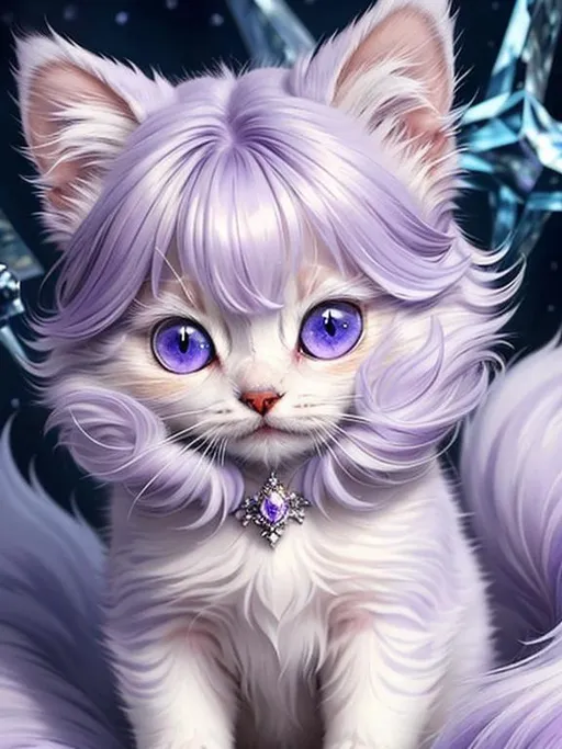 Prompt: (masterpiece, professional oil painting, epic digital art, best quality:1.5), tiny ((kitten)), ice elemental, silky silver-lilac fur covered in frost, timid, ((insanely detailed alert amethyst eyes, sharp focus eyes)), gorgeous 8k eyes, fluffy silver neck ruff covered in frost, two tails, (plump), extremely beautiful, fluffy chest, enchanted, magical, finely detailed fur, hyper detailed fur, (soft silky insanely detailed fur), presenting magical jewel, moonlight beaming through clouds, lying in frosted meadow, grassy field covered in frost, cool colors, professional, symmetric, golden ratio, unreal engine, depth, volumetric lighting, rich oil medium, (brilliant auroras), (ice storm), full body focus, beautifully detailed background, cinematic, 64K, UHD, intricate detail, high quality, high detail, masterpiece, intricate facial detail, high quality, detailed face, intricate quality, intricate eye detail, highly detailed, high resolution scan, intricate detailed, highly detailed face, very detailed, high resolution