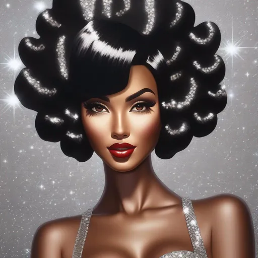 Prompt: 3d art pin-up girl  glitter pretty poseing brown skin black hair wig made out of diamond crystal
