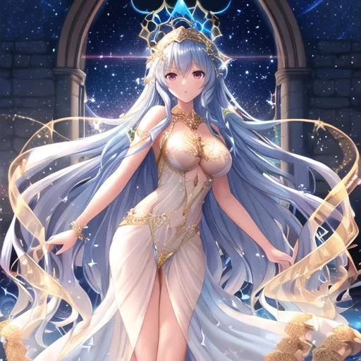 Prompt: A beautiful deep ocean water spirit swimming, intricate long curly  hair, tan skin, stained glass long flowing gown, ethereal, luminous, fireflies, night sky, glowing, trails of light, sparkles, 3D lighting, celestial, gold filigree halo, soft light, fantasy