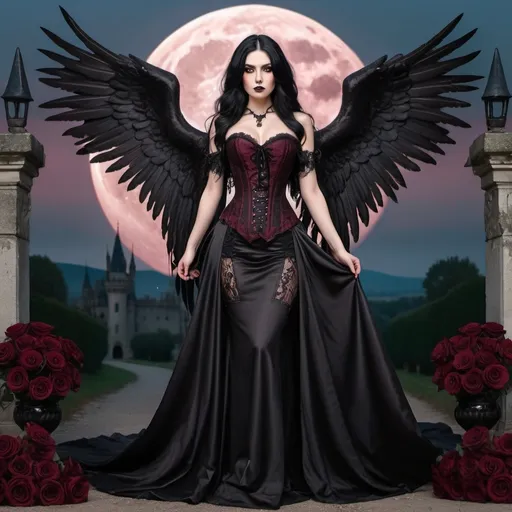 Prompt: A tall dark angel woman, with long black hair, brown eyes, black long wings, dressed with a black & bordeaux laces corset. She is adorned in an elegant black long gown with intricate lace details and stunning bordeaux roses. The background is a landscape with a goth castle, with big wolves, fullmoon, and black skulls on the ground. Full body photo.