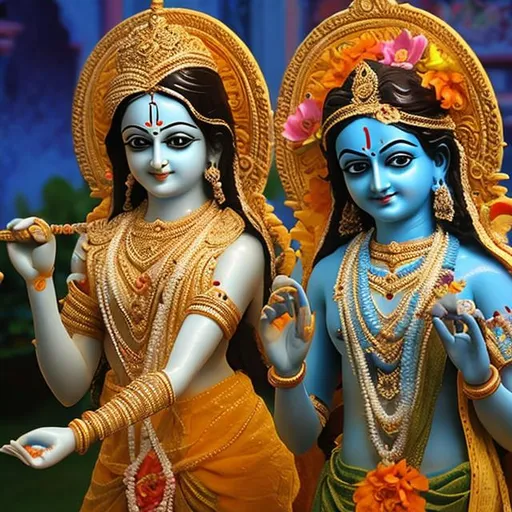 Prompt: statue of lord Krishna in a garden with Radha with realistic effect and at the age of 22 years old

