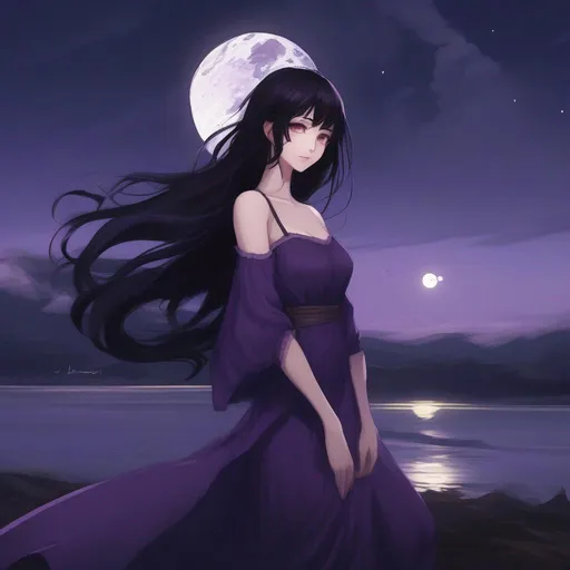 Prompt: long dark purple dress , long black hair .brown eyes, pale ,anime ,night time moon, goddess, beautiful , love