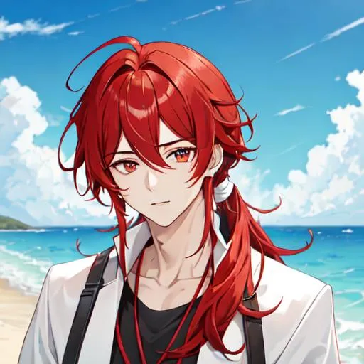 Prompt: Zerif 1male (Red side-swept hair covering his right eye) at the beach