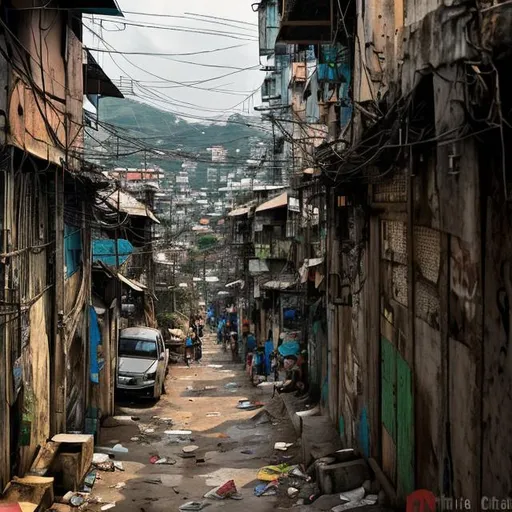 Prompt: dirt streets, favela, scifi, jungle, poor, slums, hong kong walled city