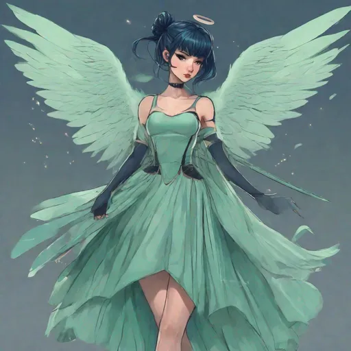 Prompt: A heroine, with mint green ballerina inspired warrior dress, warrior dress, {dark blue hair} in buns, angel wings