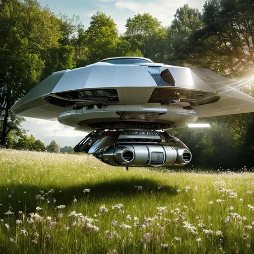 Prompt: UHD photorealistic rendering Family spacecraft with communications array hovering over meadow 
