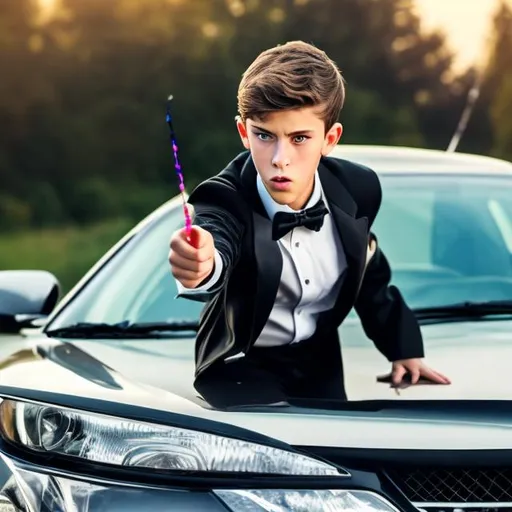 Prompt: Attractive 16 year old boy in a tuxedo driving a car angry and waving his magic wand at a bad driver. He is getting ready point his wand and cast a spell on the driver. Sparkling magic is starting to form on the tip of his magic wand.