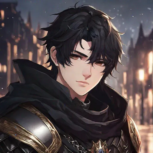 Prompt: Human Emo, Cute, Male, 18 years old, 8k, Dynamic Lights, Dark colors, City background, Hyper detailed, Detailed face, Detailed Gauntlet, Black Medieval Armor Somewhat Close-up Headshot, Wearing a Cape, Black hair, Mid-Length, Dark Eyes