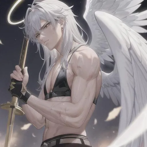 Prompt:  Tough looking male angel with wings and a halo (detailed face), wielding a holy sword, fighting, wounded
