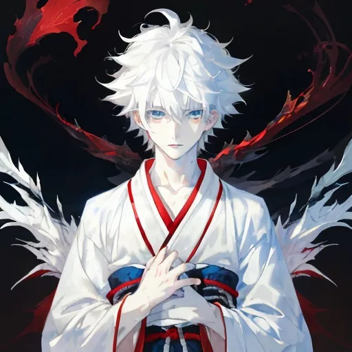 Prompt: Shy 13 year old boy with messy yet fluffy white hair, blue eyes, and pale skin. Wears a white and red kimono.