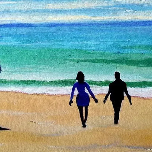 Prompt: Paint new a picture of two people walking on a beach