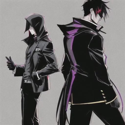 Prompt: Shadow Jacket is a character that blends the distinctive traits of Jacket from "Hotline Miami" and Black Noir from "The Boys." Their appearance exudes a mysterious and intimidating aura, combining elements from both characters.

Shadow Jacket wears a sleek, form-fitting black suit similar to Black Noir, complete with a face-concealing mask and gloves. Their suit is adorned with subtle red accents, reminiscent of Jacket's iconic letterman jacket. The mask covers their entire face, leaving only their piercing eyes visible, which glow with an intense red hue.

They also don a black fedora hat, adding an extra touch of style and intrigue to their ensemble. Their overall appearance is both stealthy and professional, hinting at their deadly capabilities and disciplined nature.