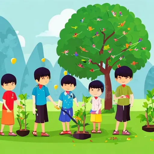Prompt: vietnamese kids age 8 to 15 with different clothes are  planting trees and watering trees in school playground in a rural area, children book illustration