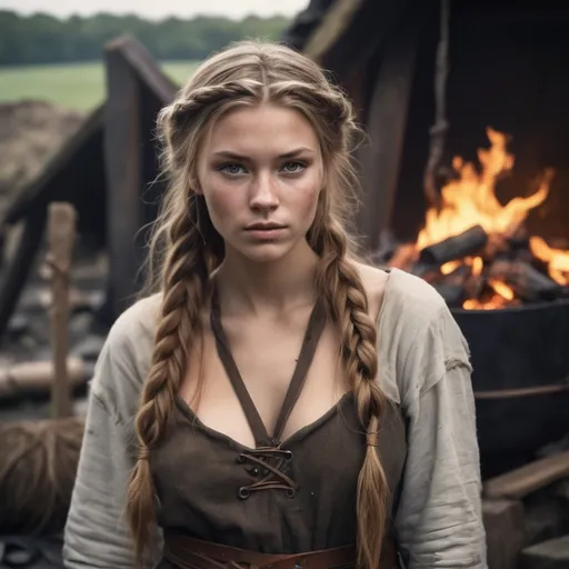 Prompt: Aftermath of a battle, a burning village.
A young and beautiful Anglo-Saxon peasant woman from the Viking era, beautiful feminine features, cleavage, standing outside a ruined rustic blacksmith's forge. Her long, golden-brown hair is loosely braided, with a few strands escaping to frame her delicate yet weathered face, stained with hints of soot. Her deep blue eyes reflect resilience and warmth. She wears a simple but well-crafted woolen dress in earthy tones, cinched at the waist with a woven belt, and a linen apron dusted with soot. A silver Thor’s hammer pendant rests on her chest, a symbol of her Norse influences.
Background: a burning village and forge, wooden beams, and iron tools, with a soft sunset casting golden hues over the scene. The wind lightly lifts the hem of her dress, hinting at movement. The atmosphere is rich with texture, from the rough-hewn wood to the smudges of ash on her hands, embodying the rugged horror of medieval battle aftermath