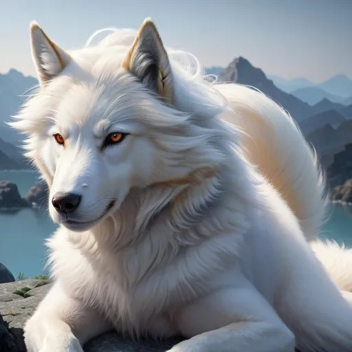 Prompt: 8k, 3D, UHD, masterpiece, oil painting, best quality, artstation, hyper realistic, perfect composition, zoomed out view of character, Portrait of a (beautiful Ninetales), {canine quadruped}, thick glistening gold-white fur, deep sinister {crimson eyes}, ageless, lives a thousand years, wearing a beautiful (silky scarlet and gold scarf), thick white mane with fluffy golden crest, golden fur lighlights, studio lighting, animated, sharp focus, intricately detailed fur, sharp detailed eyes, beautifully detailed face, highly detailed starry sky with pastel pink clouds, ambient golden light, nine beautiful tails with pale orange tips, insanely beautiful, symmetric, sharp focus, professional, unreal engine, high octane render, highly detailed mouth, Yuino Chiri
