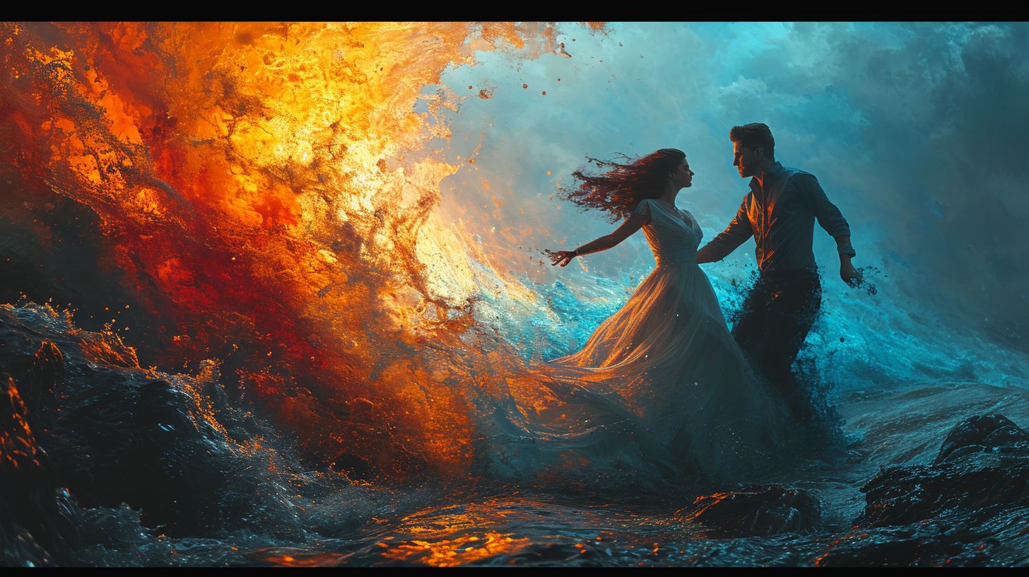 Prompt: couple swaying in the colorful dancing swirl in the air, in the style of colorful fantasy realism, flickr