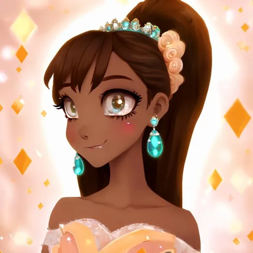 Prompt: Anime, Princess, Teal eyes, Apricot Ballgown, diamond earrings, brown skin, HD, 4k, High Quality, Effects.