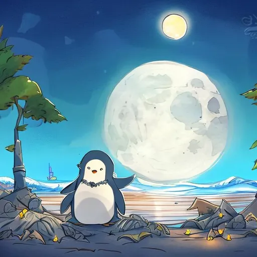 Prompt: Anime draw of a Penguin under the moon on the beach