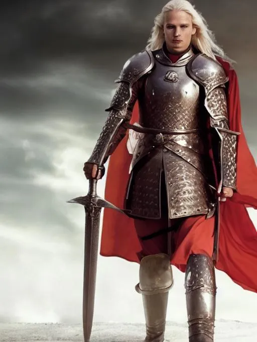 Prompt: Photo relastic of rhaegar targaryen from song of ice and fire in middle of frame wearing his armor
