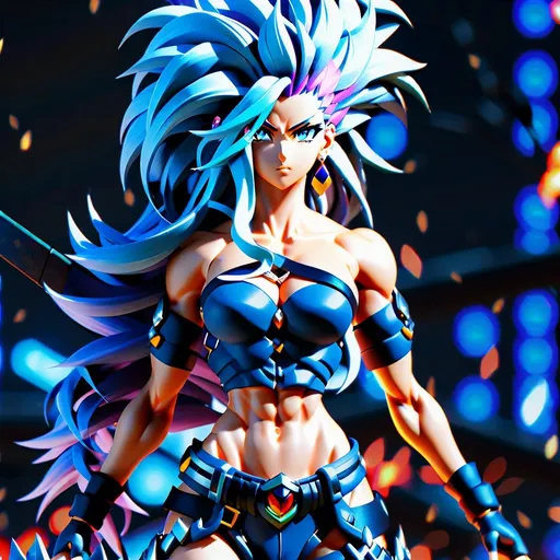 Prompt: Anime 4k UHD of a solo, muscular female with perfect autonomy body shape, slim muscular tone, long wavy hair in blue and pink, spiked hair, looking at viewer, midriff, abs, blue eyes, detailed earrings and jewelry, full body view, intense gaze, long wavy hair, bright and vibrant colors, detailed facial features, professional artwork, anime style, vibrant color palette, detailed eyes