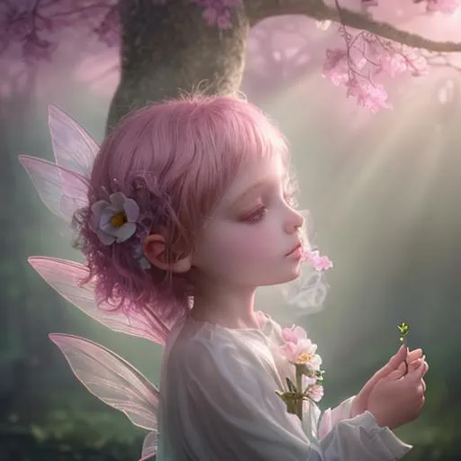 Prompt: Masterpiece portrait of faerie child, ethereal, coming out of a flower bud, misty morning background, pink sunlight filtered through tree branches
