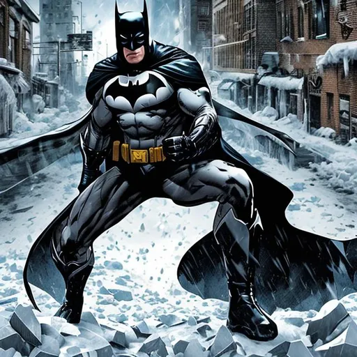 Prompt: Create a comic book style cover with THE BATMAN wearing onyx and white leather camouflage costume, kneeling, cape fully spread in full circle, icy winter snow background in DETROIT urban alley