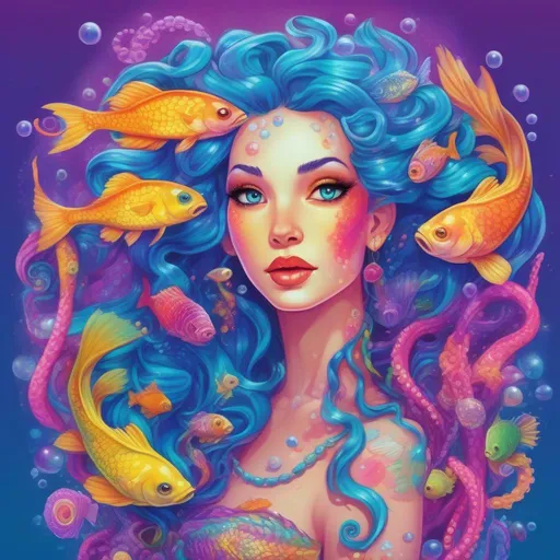 Prompt: A beautiful and colourful Persephone whose hair is made of tentacles and sea kelp, with scales on her skin and surrounded by fish and pearls, in a Lisa Frank Style 