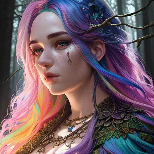 Prompt: Portrait of {a sorceress} with {rainbow} hair and with stunning plump face, {forest}, perfect composition, hyperrealistic, super detailed, 8k, high quality, trending art, trending on artstation, sharp focus, studio photo, intricate details, highly detailed, by greg rutkowski