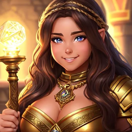 Prompt: oil painting, D&D fantasy, gold dwarf girl, tanned-skinned-female, stocky, beautiful, short bright dirty brown hair, wavy hair, smiling, looking at the viewer, cleric wearing intricate adventurer outfit, #3238, UHD, hd , 8k eyes, detailed face, big anime dreamy eyes, 8k eyes, intricate details, insanely detailed, masterpiece, cinematic lighting, 8k, complementary colors, golden ratio, octane render, volumetric lighting, unreal 5, artwork, concept art, cover, top model, light on hair colorful glamourous hyperdetailed medieval city background, intricate hyperdetailed breathtaking colorful glamorous scenic view landscape, ultra-fine details, hyper-focused, deep colors, dramatic lighting, ambient lighting god rays, flowers, garden | by sakimi chan, artgerm, wlop, pixiv, tumblr, instagram, deviantart