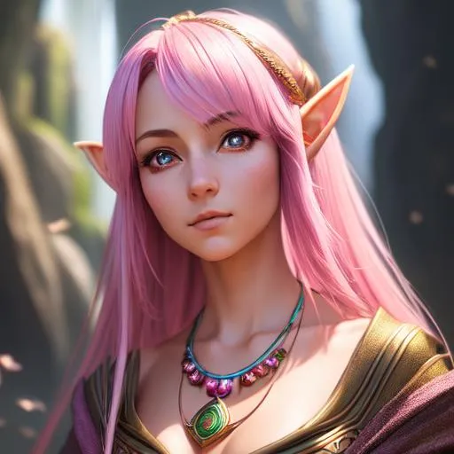 Prompt: portrait photo of a quirky free spirit half-elf female mage with pink messy hair wearing robes, necklace, bug eyes, (backlighting:1.4), digital painting, concept art, smooth, sharp focus, rule of thirds, dark fantasy, intricate details, medium shot, (shallow depth of field:1.1), front view direct, high resolution, realistic art, best resolution, best quality, masterpiece face, masterpiece resolution 