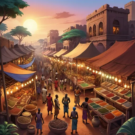 Prompt: Fantasy RPG-style illustration of a thriving african marketplace, bustling market scene, African musicians, colorful merchant stalls, exotic spices and pottery , vibrant and lively atmosphere, high quality, detailed characters, game-rpg, fantasy, African market, bustling, mystical, exotic, vibrant colors, detailed environment, atmospheric lighting, birdview