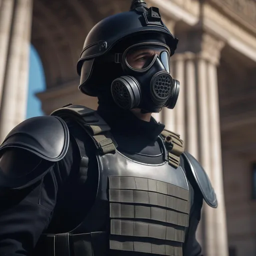 Prompt: A modern roman military male in black military armor, and gas mask, background Battlefield in Paris, Hyperrealistic, sharp focus, Professional, UHD, HDR, 8K, Render, electronic, dramatic, vivid, pressure, stress, nervous vibe, loud, tension, traumatic, dark, cataclysmic, violent, fighting, Epic