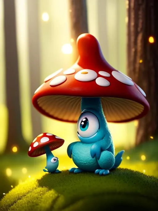 Prompt: Disney Pixar style mushroom monster detailed, extra cute, intricate, big eyes, adorable, beautiful, soft dramatic lighting, light shafts, radiant, ultra high quality octane render, evening forest background, magical, bokeh, hypermaximalist,