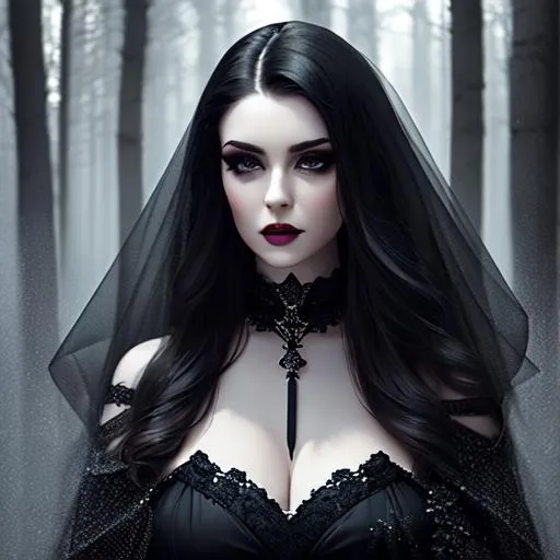 Prompt: cinematic portrait, full body movie poster, photography, serene face, realistic face, pale skin, goth makeup, thick lips, angular eyebrows, dark hair, black gown, gauze flowing fabric, dark contrast, ethereal, filigree jewelry, royal vibes, 3D lighting, soft light, rainy fog, misty forest background