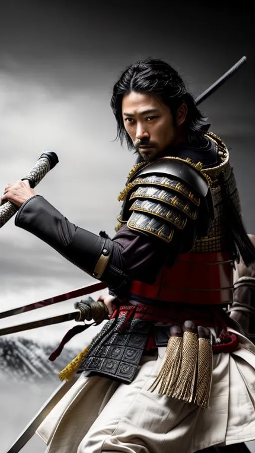 Prompt: Young Hiroyuki Sanada as a Samurai Photorealistic Overdetailed Portrait, Well Detailed face, Black and Gray (NO RED!) Robes and Armor, Black hair, Detailed Hands, Detailed Twilight Background, Intricately Detailed, Award Winning, Photograph, Film Quality.