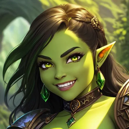 Prompt: oil painting, D&D fantasy, green-skinned-orc girl, green-skinned-female, beautiful, short dark brown hair, wavy hair, smiling, pointed ears, fangs, looking at the viewer, barbarian wearing intricate adventurer outfit, #3238, UHD, hd , 8k eyes, detailed face, big anime dreamy eyes, 8k eyes, intricate details, insanely detailed, masterpiece, cinematic lighting, 8k, complementary colors, golden ratio, octane render, volumetric lighting, unreal 5, artwork, concept art, cover, top model, light on hair colorful glamourous hyperdetailed medieval city background, intricate hyperdetailed breathtaking colorful glamorous scenic view landscape, ultra-fine details, hyper-focused, deep colors, dramatic lighting, ambient lighting god rays, flowers, garden | by sakimi chan, artgerm, wlop, pixiv, tumblr, instagram, deviantart