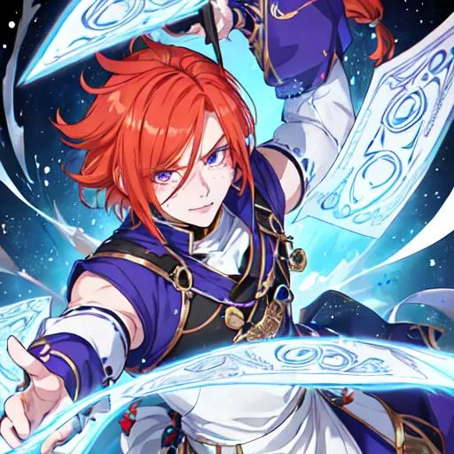 Prompt: Erikku male (short ginger hair, freckles, right eye blue left eye purple) muscular, UHD, 8K, Highly detailed, insane detail, best quality, high quality.  holding stacks of dollar bills, wearing clothes