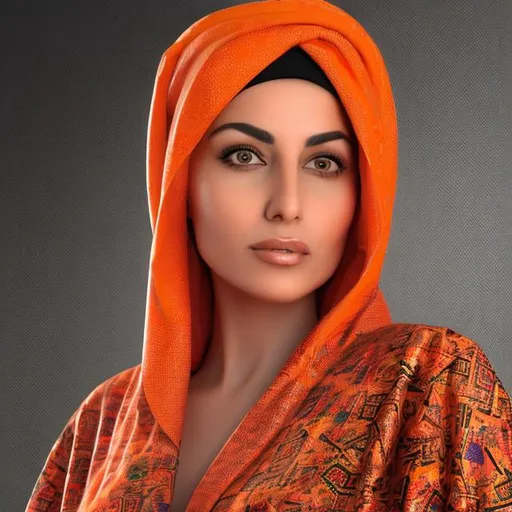 Prompt: arabic woman,  a digital rendering, inspired by Abdullah Gërguri, hurufiyya, official government photo, vp of marketing, bathrobe, speakers, on black background, moroccan, 2 5 6 x 2 5 6 pixels, a fat, an orange, kakar cheung, -h 1024