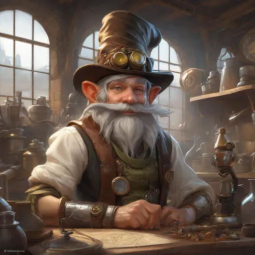 Prompt: scrawny gnome alchemist, steampunk, highly detailed, digital painting, art by Stanley Lau and Artgerm and magali villeneuve and Alphonse Mucha, artstation, octane render, cgsociety
