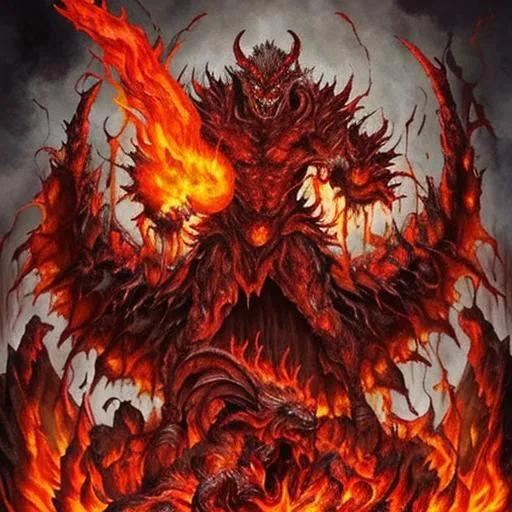 Prompt: Demonic force, flames, magma, volcano, bleeding, blood, animalistic, demonic, draconic, 