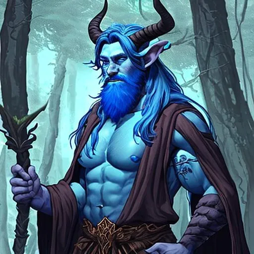Prompt: forest druid, tiefling, male, strong, blue skin, majestic horns, long beard style
