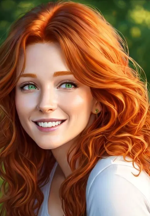Prompt: UHD, 8k, high quality, oil painting, hyper realism, Very detailed, zoomed out view of character, long wavy hair redhead, she is weary yellow shirt, smiling, happy, young woman, no makeup, April O'Neil from TMNT, green eyes, low makeup
