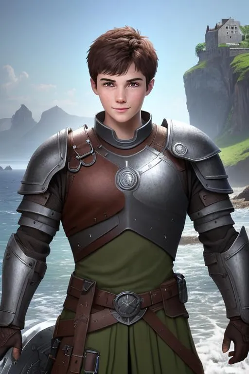 Prompt: Digital art, ((bright colors)) (((DreamShaper Version 1))), a 21-year-old viking young man, subtle smile, round head, round face, short dark brown hair, brown hair, muscular, vibrant village, lots of sunlight, green gear, silver armor, light green eyes, Tidal Class seal on chest armor, unreal engine 8k octane