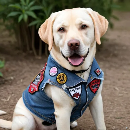 Prompt: labrador retriever wearing a heavy metal music denim vest with patches