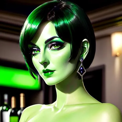 Prompt: A beautiful emerald skinned orion extraterrestrial alien lady from star trek with short black hair and green skin, black lips, green face, black fingernails, green body, green hands, green fingers, green arms, green shoulders, drinking wine, in the bar, one piece black dress , vodka in hand, drunk face, calm face, naughty eyes and lips, 8k, highres, realistic body , highly detailed face, full body, beautiful detailed, cinematic lighting, by wlop, (by Mandy Jurgens ),  trending on artstation, dark background 