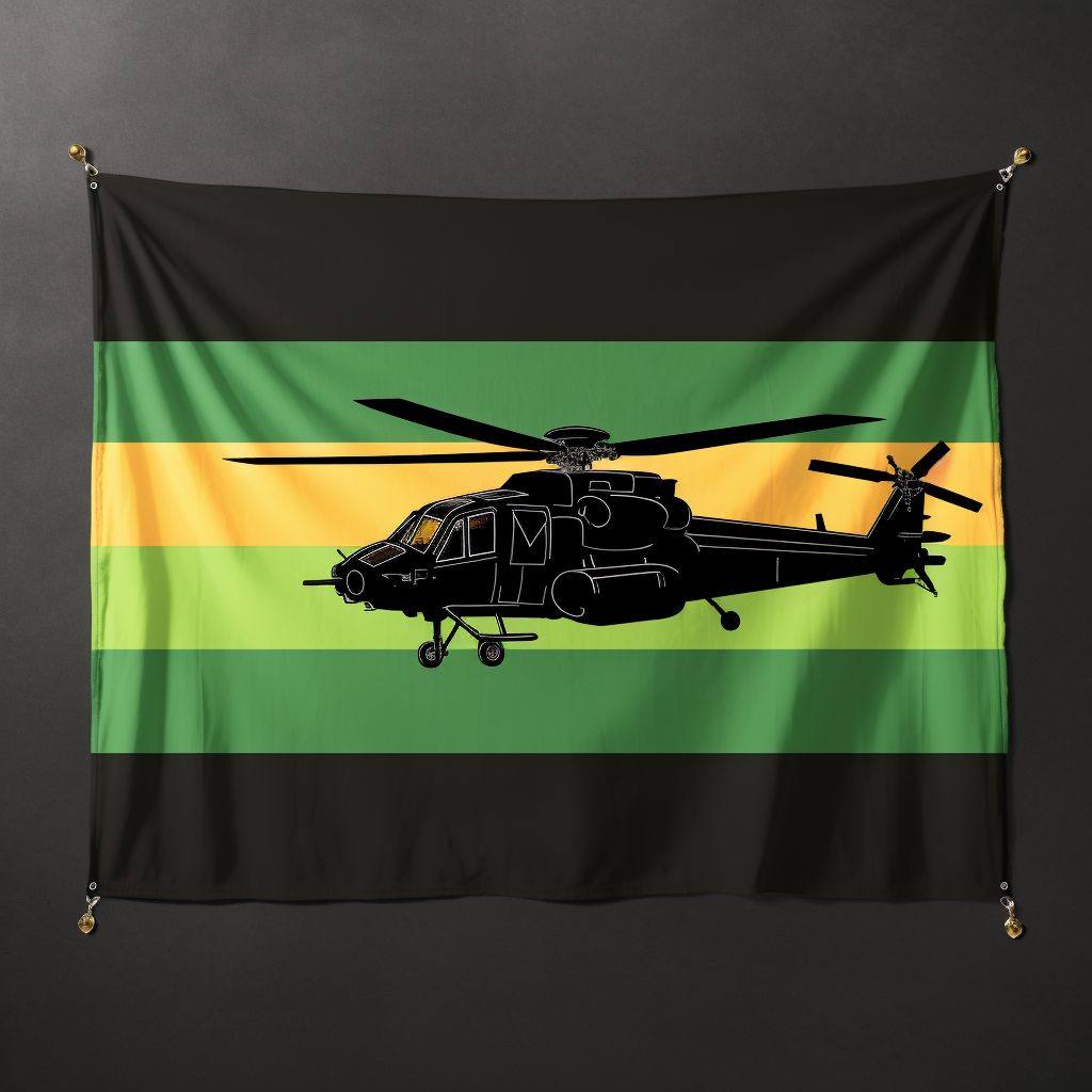 Prompt: a dark striped pride flag in greens and whites, black silhouette of an apache attack helicopter, styled like a pin, simple colors and patterns 