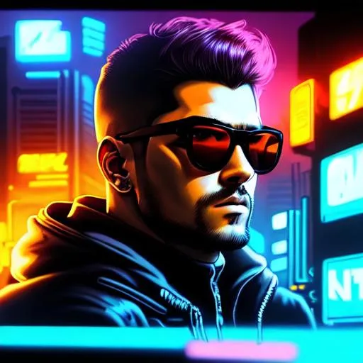 Prompt: man looking at viewer with shades on, colored, retrowave, neo tokyo, cyberpunk city, synthwave, high detail, hd