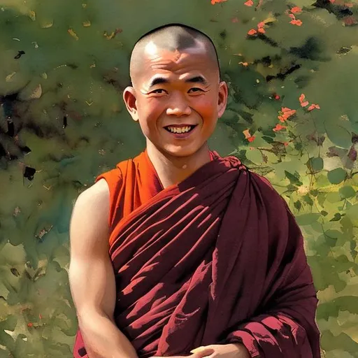 Prompt: UHD Buddhist monk smiling in the style of Winslow Homer.