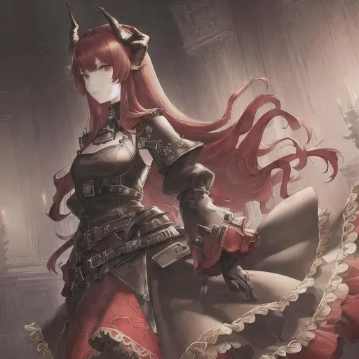 Prompt: masterpiece, illustration, best quality:1.2), 1girl, solo, red hair, dignified , finely detailed, detailed face, beautiful detailed eyes, beautiful detailed shading, beautifully detailed background, surtr, horn, arknights, belt, black dress, black jacket, detached collar, horns , sleeveless, sleeveless dress