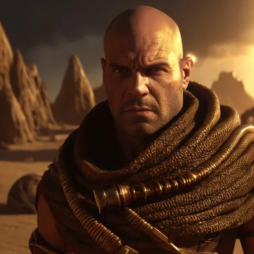 Prompt: Sardaukar soldier, handsome, young, no helmet, handsome face, blue eyes, beard, muscular, buzzcut, short cut hair, desert environment, high quality, gritty realism, detailed facial features, atmospheric lighting, Dune, Frank Herbert, military, battle-worn, desert tones, harsh shadows, Dave Bautista, Vin Diesel, Jason Statham